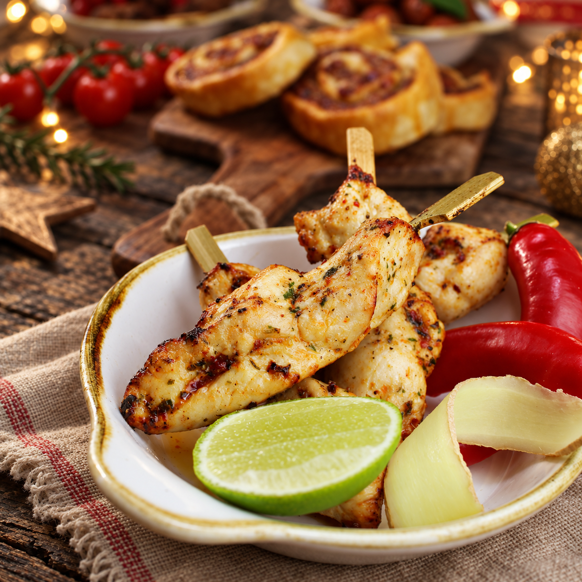 Mini ginger, chilli and lemon skewers